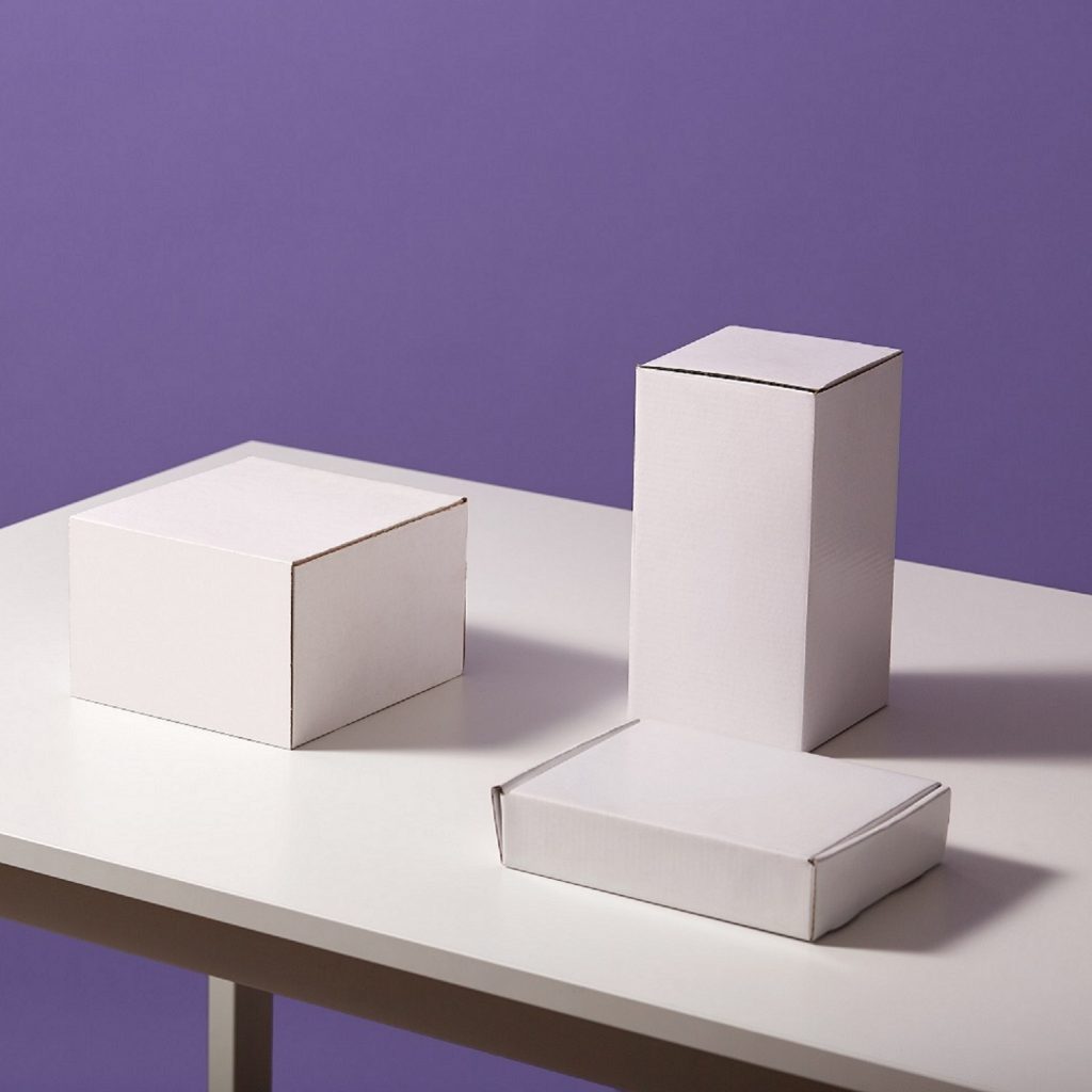 close-up-white-paper-carton-boxes-table-isolated-lilac-three-blank-cases-desk-min